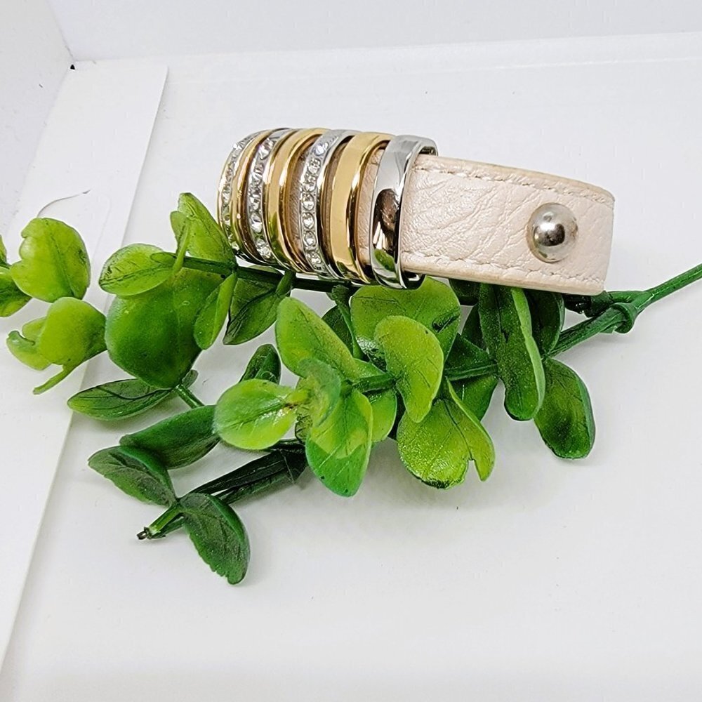 Boho‎ Leather Snap Bracelet with Gold, Silver and Rhinestone - Picture 3 of 3